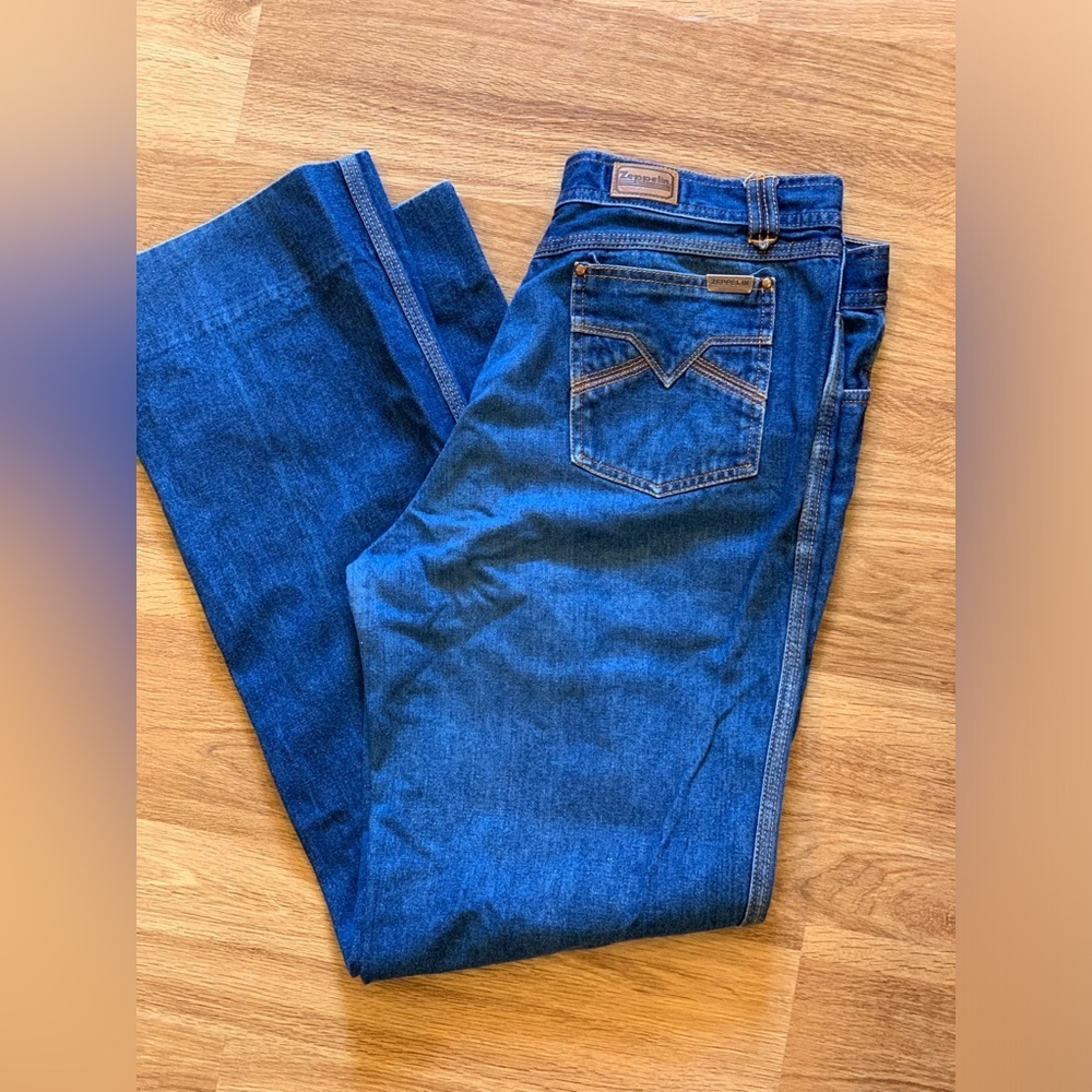 Vintage 70s Zeppelin Flare Jeans 38x37 Rise 11 Dark Wash Orange Stitching Groovy